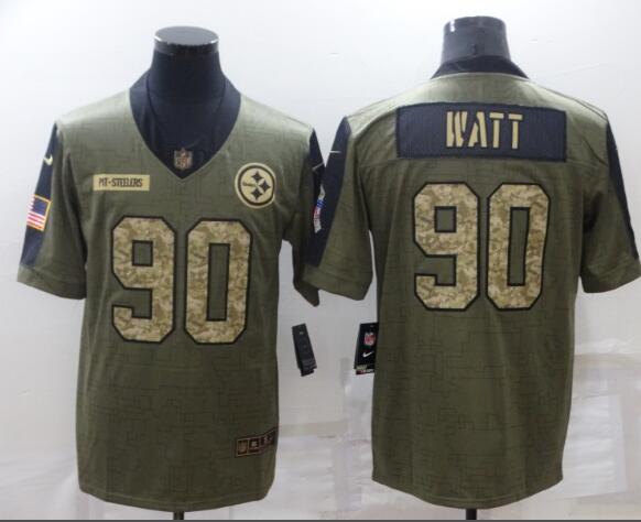 Men's Pittsburgh Steelers 90 T.J. Watt Nike Olive Camo 2021 Salute To Service Limited Player Jersey