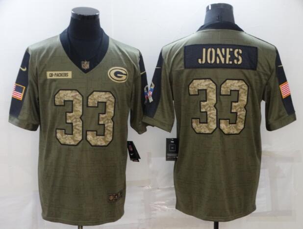 Men's Green Bay Packers 33 Aaron Jones Nike Olive 2021 Salute To Service Camo Limited Player Jersey