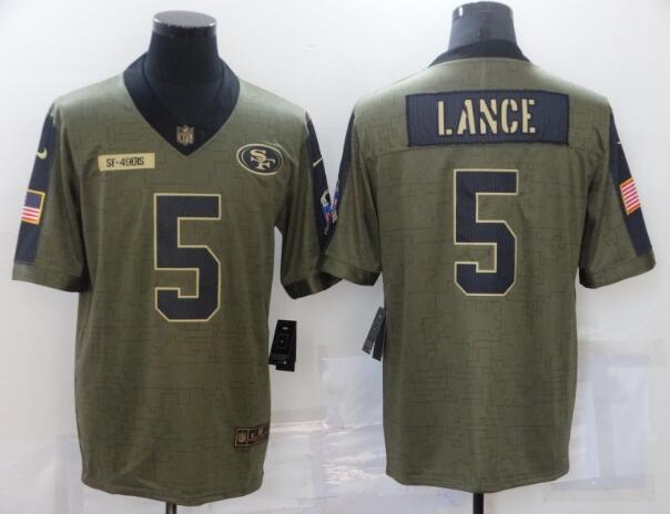Nike 49ers 5 Trey Lance Men Olive 2021 Salute To Service Limited Player Jersey