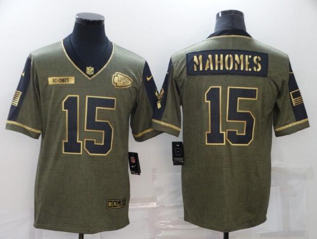 Men's Kansas City Chiefs 15 Patrick Mahomes Nike Olive Gold 2021 Salute To Service Limited Player Jersey
