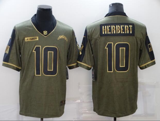 Men's Los Angeles Chargers 10 Justin Herbert Nike Olive Gold 2021 Salute To Service Limited Player Jersey