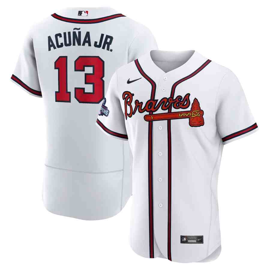 Men's Atlanta Braves 13 Ronald Acuna Jr. Nike White 2021 World Series Champions Authentic Player Jersey
