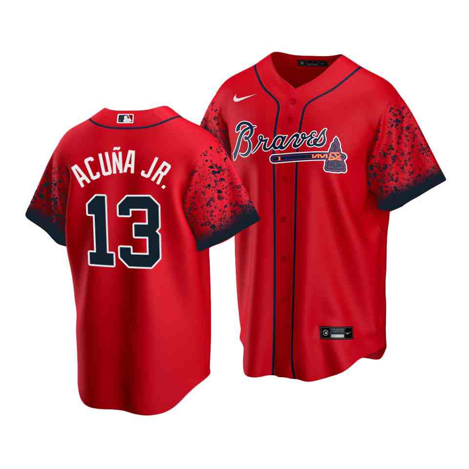 Men's Atlanta Braves #13 Ronald Acuna Jr Nike red 2021 City Connect Cool Base Jersey