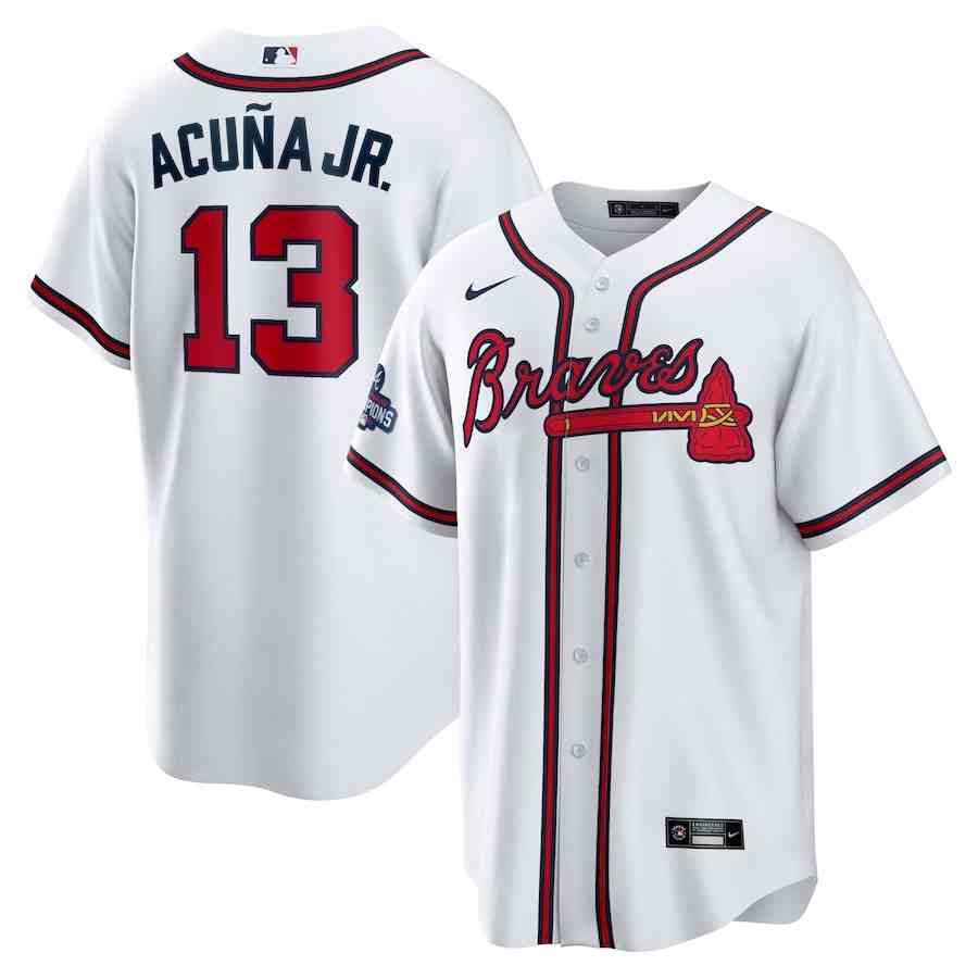 Men's Atlanta Braves 13 Ronald Acuna Jr. Nike White 2021 World Series Champions Replica Player Jersey