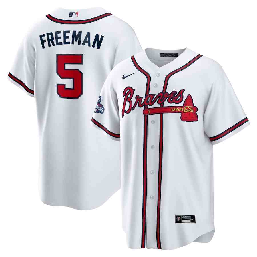 Men's Atlanta Braves 5 Freddie Freeman Nike White 2021 World Series Champions Patch Replica Player Jersey