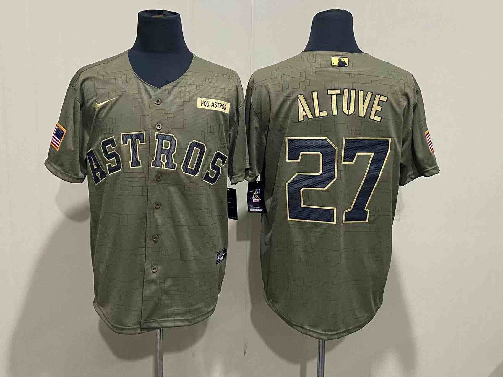 Men's Houston Astros 27 Jose Altuve Nike Olive 2021 Salute To Service Limited Player Jersey
