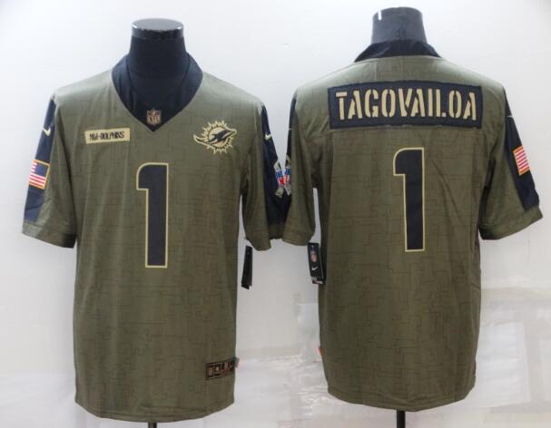 Men's Miami Dolphins 1 Tua Tagovailoa Nike Olive 2021 Salute To Service Limited Player Jersey