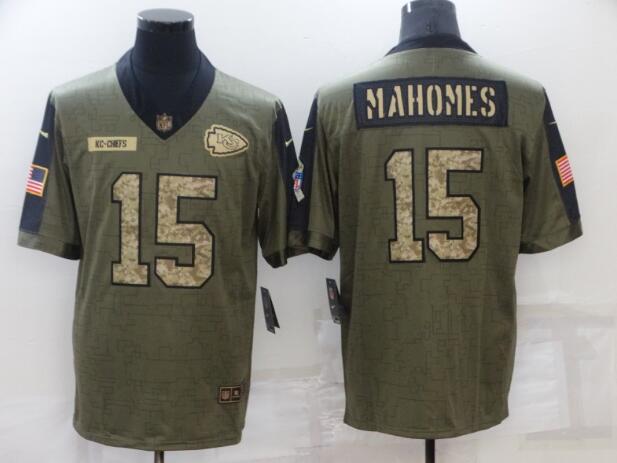 Men's Kansas City Chiefs 15 Patrick Mahomes Nike Olive Camo 2021 Salute To Service Limited Player Jersey