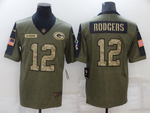 Men's Green Bay Packers 12 Aaron Rodgers Nike Olive Camo 2021 Salute To Service Limited Player Jersey