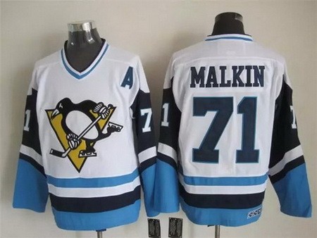 Men's Pittsburgh Penguins #71 Evgeni Malkin White Blue Throwback Jersey