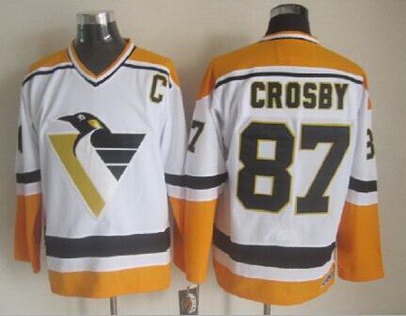 Men's Pittsburgh Penguins #87 Sidney Crosby White Yellow Throwback Jersey