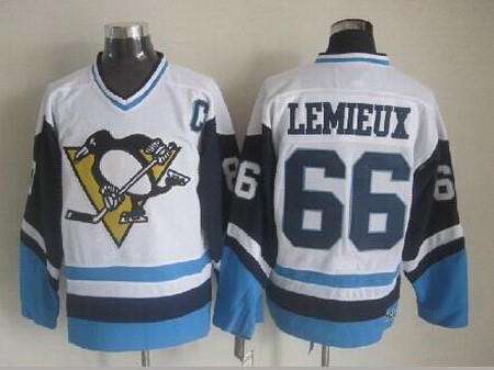 Men's Pittsburgh Penguins #66 Mario Lemieux White Blue Throwback Jersey