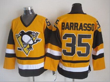 Men's Pittsburgh Penguins #35 Tom Barrasso Yellow Throwback Jersey