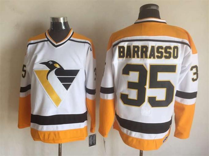 Men's Pittsburgh Penguins #35 Tom Barrasso White 1992 Throwback Jersey