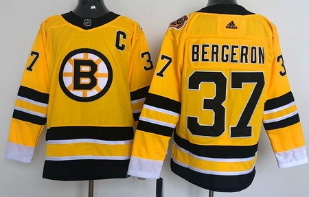 Men's Boston Bruins #37 Patrice Bergeron Gold 2021 Reverse Retro Authentic Jersey