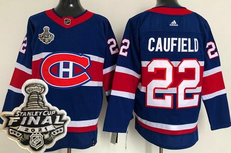 Men's Montreal Canadiens #22 Cole Caufield Blue 2021 Reverse Retro 2021 Stanley Cup Finals Authentic Jersey