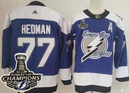 Men's Tampa Bay Lightning #77 Victor Hedman Blue 2021 Reverse Retro 2021 Stanley Cup Champions Authentic Jersey