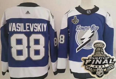 Men's Tampa Bay Lightning #88 Andrei Vasilevskiy Blue 2021 Reverse Retro 2021 Stanley Cup Finals Authentic Jersey