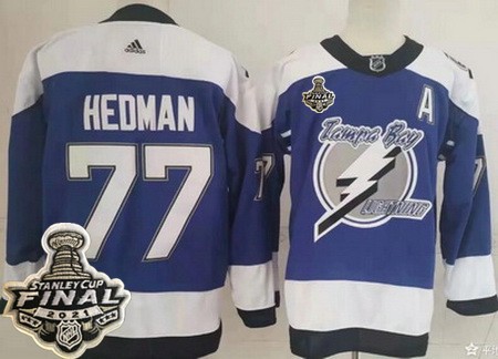 Men's Tampa Bay Lightning #77 Victor Hedman Blue 2021 Reverse Retro 2021 Stanley Cup Finals Authentic Jersey