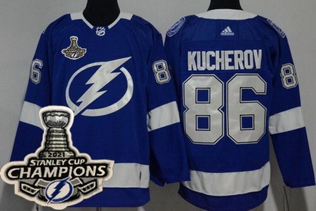 Men's Tampa Bay Lightning #86 Nikita Kucherov Blue 2021 Stanley Cup Champions Authentic Jersey