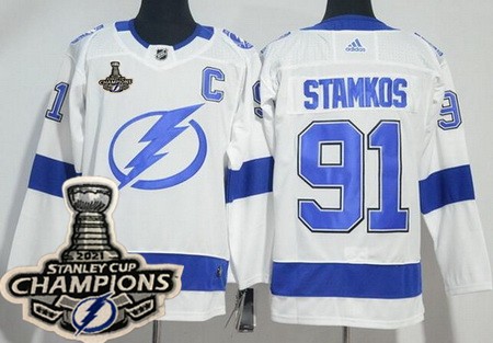 Men's Tampa Bay Lightning #91 Steven Stamkos White 2021 Stanley Cup Champions Authentic Jersey