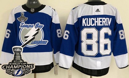 Men's Tampa Bay Lightning #86 Nikita Kucherov Blue 2021 Reverse Retro 2021 Stanley Cup Champions Authentic Jersey