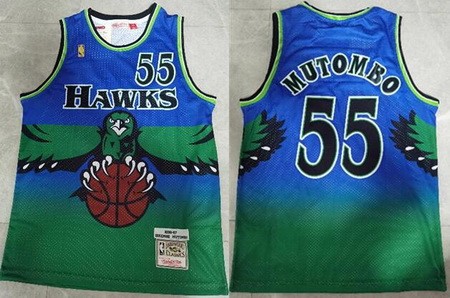 Men's Atlanta Hawks #55 Dikembe Mutombo Blue Green 1996 Throwback Swingman Jersey