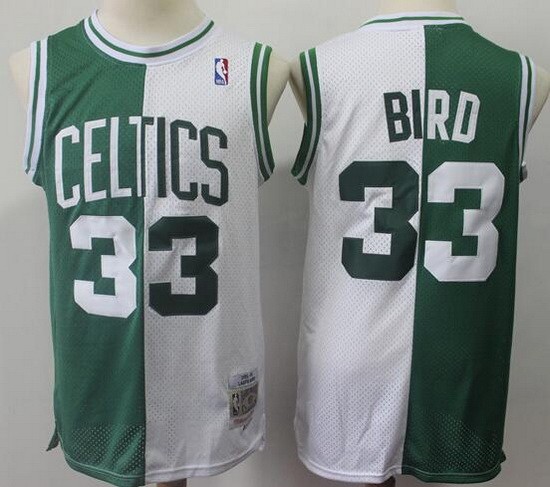 Men's Boston Celtics #33 Larry Bird Green White Split 1985 Throwback Swingman Jersey