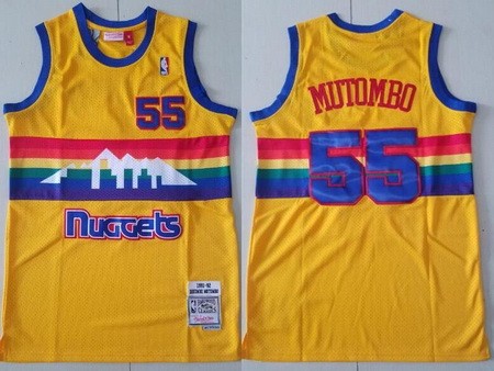 Men's Denver Nuggets #55 Dikembe Mutombo Yellow 1991 Throwback Swingman Jersey