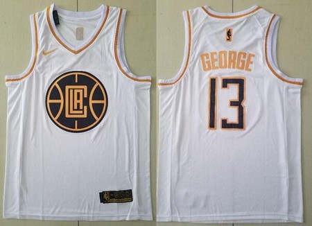 Men's Los Angeles Clippers #13 Paul George White Gold Icon Swingman Jersey