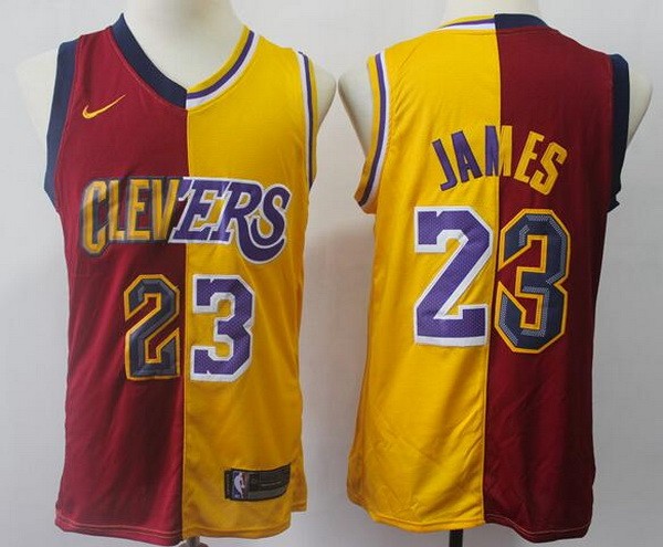 Men's Los Angeles Lakers Cleveland Cavaliers #23 LeBron James Red Yellow Split Swingman Jersey