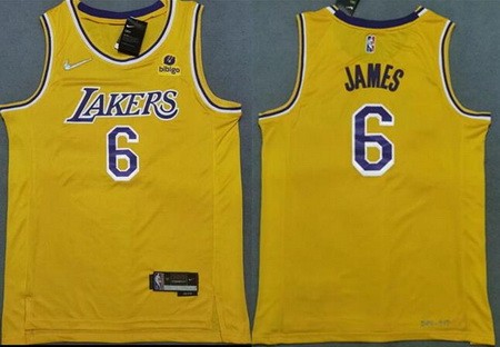 Men's Los Angeles Lakers #6 LeBron James Yellow Diamond 75th Anniversary Icon Sponsor Swingman Jersey