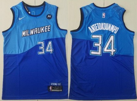 Men's Milwaukee Bucks #34 Giannis Antetokounmpo Blue 2021 City Icon Sponsor Swingman Jersey