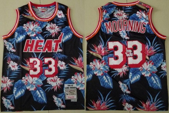 Men's Miami Heat #33 Alonzo Mourning Floral Fashion 1996 Throwback Swingman Jersey