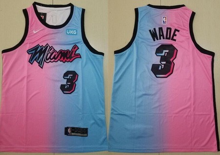 Men's Miami Heat #3 Dwyane Wade Pink Blue 2021 City Icon Sponsor Swingman Jersey