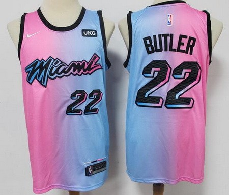 Men's Miami Heat #22 Jimmy Butler Pink Blue 2021 City Icon Sponsor Swingman Jersey