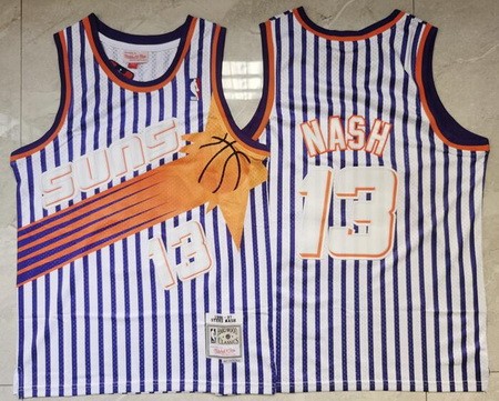 Men's Phoenix Suns #13 Steve Nash White Blue Stripes 1996 Throwback Swingman Jersey