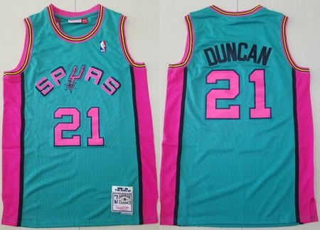 Men's San Antonio Spurs #21 Tim Duncan Green Pink 1998 Throwback Swingman Jersey