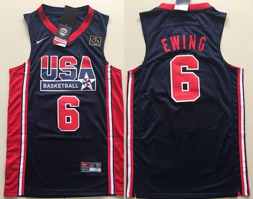 Men's Dream 1 USA #6 Patrick Ewing Navy 1992 Olympic Swingman Jersey