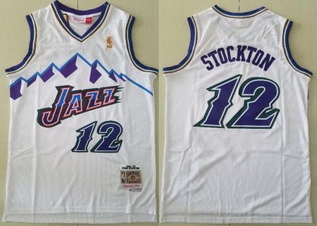 Men's Utah Jazz #12 John Stockton White 1996 Throwback Swingman Jersey
