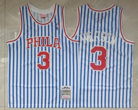 Men's Philadelphia 76ers #3 Allen Iverson White Blue Stripes 1996 Throwback Swingman Jersey