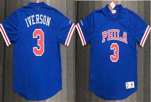 Mens Nba Philadelphia 76ers #3 Allen Iverson Blue   Mitchell&ness Hardwood Classics Pullover Mesh Jersey