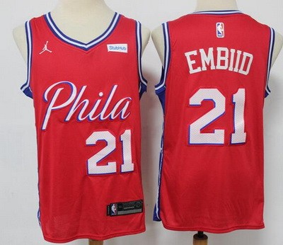 Men's Philadelphia 76ers #21 Joel Embiid Red 2021 Statement Icon Sponsor Swingman Jersey