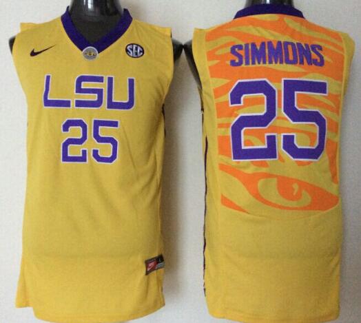 Mens NCAA LSU Tigers 25 Simmons Yellow College Basketball Jersey