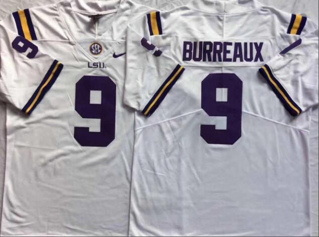 Mens NCAA LSU Tigers 9 Burreaux White College Football Jersey