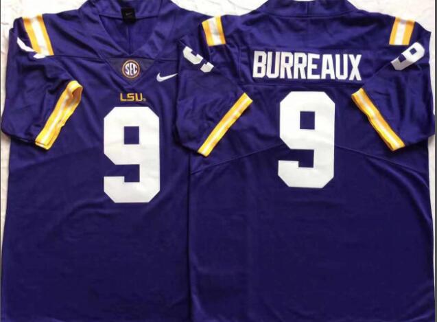 Mens NCAA LSU Tigers 9 Burreaux Purple College Football Jersey
