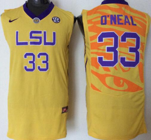 Mens NCAA LSU Tigers 33 O Neal Yellow College Basketball Jersey