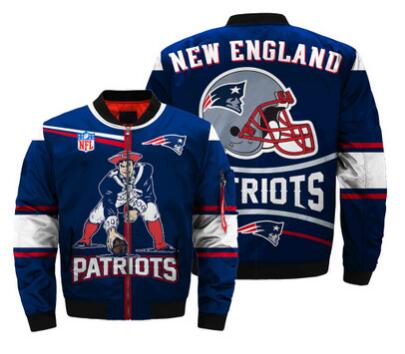 Mens NFL Football New England Patriots Flying Stand Neck Coat 3D Digital Printing Customized Jackets 1