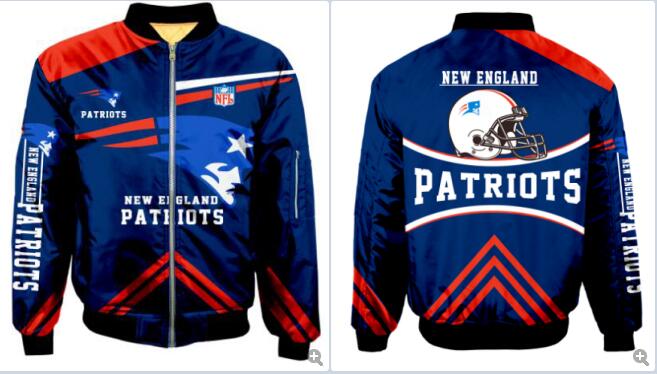 Mens NFL Football New England Patriots Flying Stand Neck Coat 3D Digital Printing Customized Jackets 3