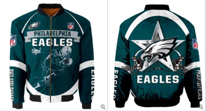 Mens NFL Football Philadelphia Eagles Flying Stand Neck Coat 3D Digital Printing Customized Jackets 11